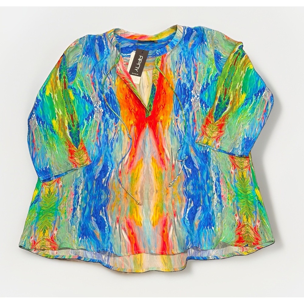 NWT APNY Tunic Blouse Womens Sz M Multi-Color Watercolor Abstract V-Neck Tassel